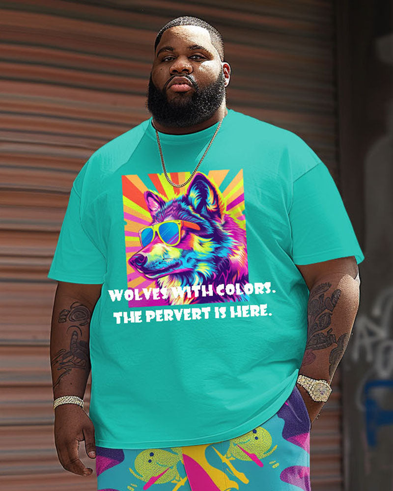 Men's Plus Size Street Fashion Pop Art Funny "Colored Wolf" Printed T-Shirt Shorts Suit