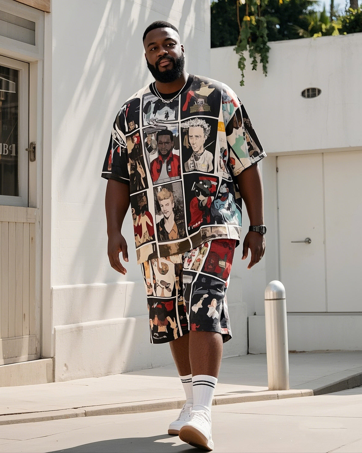 Big Boy Street Fashion Abstract Comic Puzzle Print Short Sleeve T-Shirt Shorts Suit