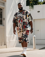 Big Boy Street Fashion Abstract Comic Puzzle Print Short Sleeve T-Shirt Shorts Suit