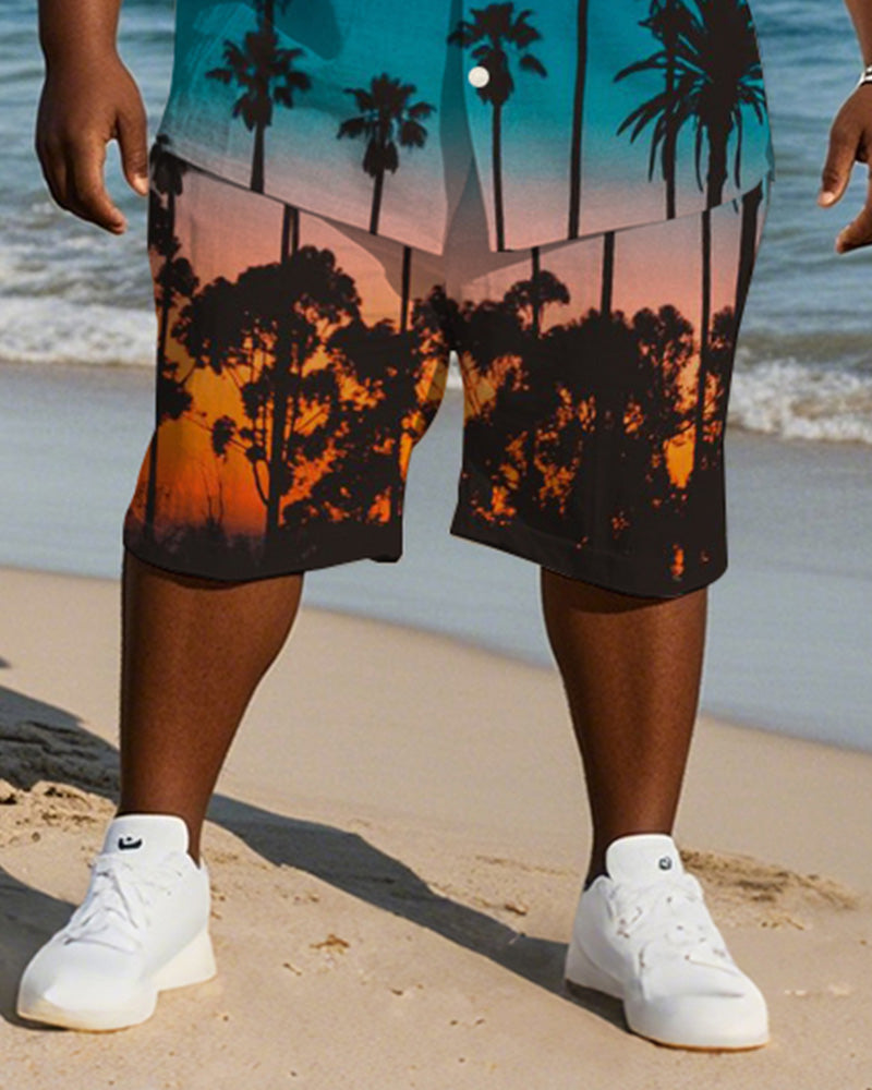 Men's Plus Size Hawaiian Gradient Blue Coconut Tree Print Shirt Shorts Suit
