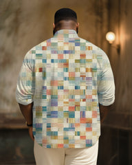 Big & Tall Men's Vintage Green Crayon Plaid Art Print Long Sleeve Bamboo Hemp Texture Shirt