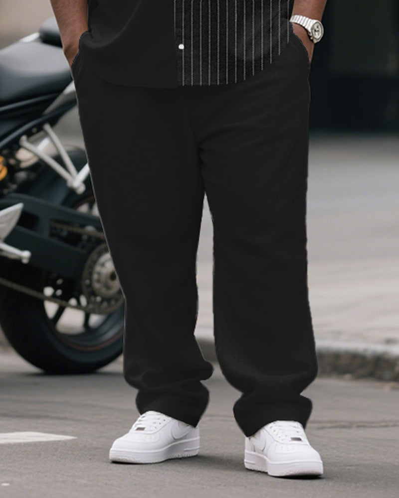 Men's Plus Size Simple Black Stripe Patchwork Printing Pocket Short Sleeve Shirt Trousers Suit