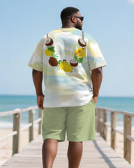 Men's Plus Size Hawaiian Fruit Necklace Printed Henry Collar Short Sleeve T-Shirt Shorts Suit