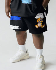 Men's Plus Size Street Black Graffiti Bear Print Short Sleeve T-Shirt Shorts Suit