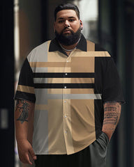 Men's Plus Size Business Simple Color Block Printed Short Sleeve Shirt Suit