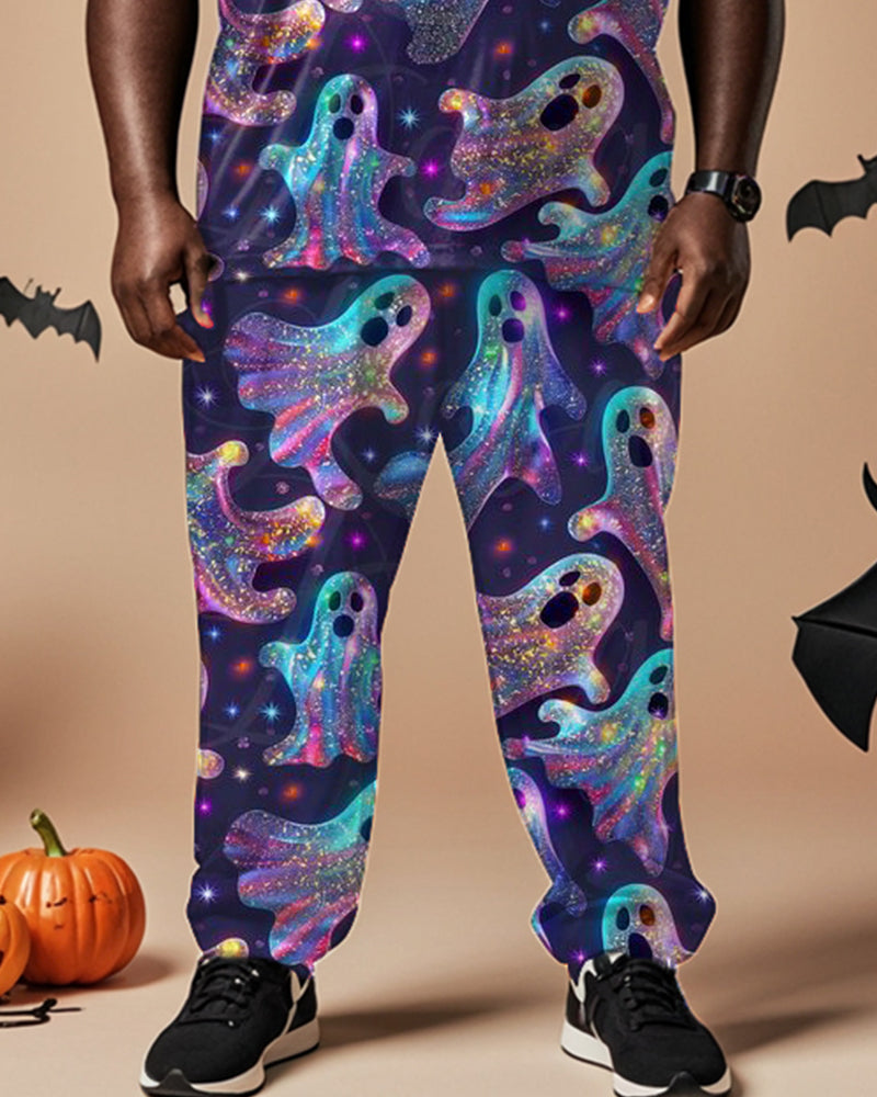 Halloween Colorful Ghost Casual Short-sleeved T-shirt Plus Size Men's Suit