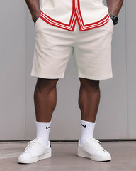 Big & Tall Men's Daily Casual Creamy-white Red Edge Creative Floral Shirt Shorts Suit