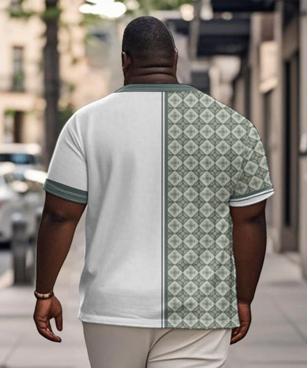 Men's Plus Size Daily Casual Green Stitching Diamond Print Henry Collar Button Short Sleeve T-Shirt