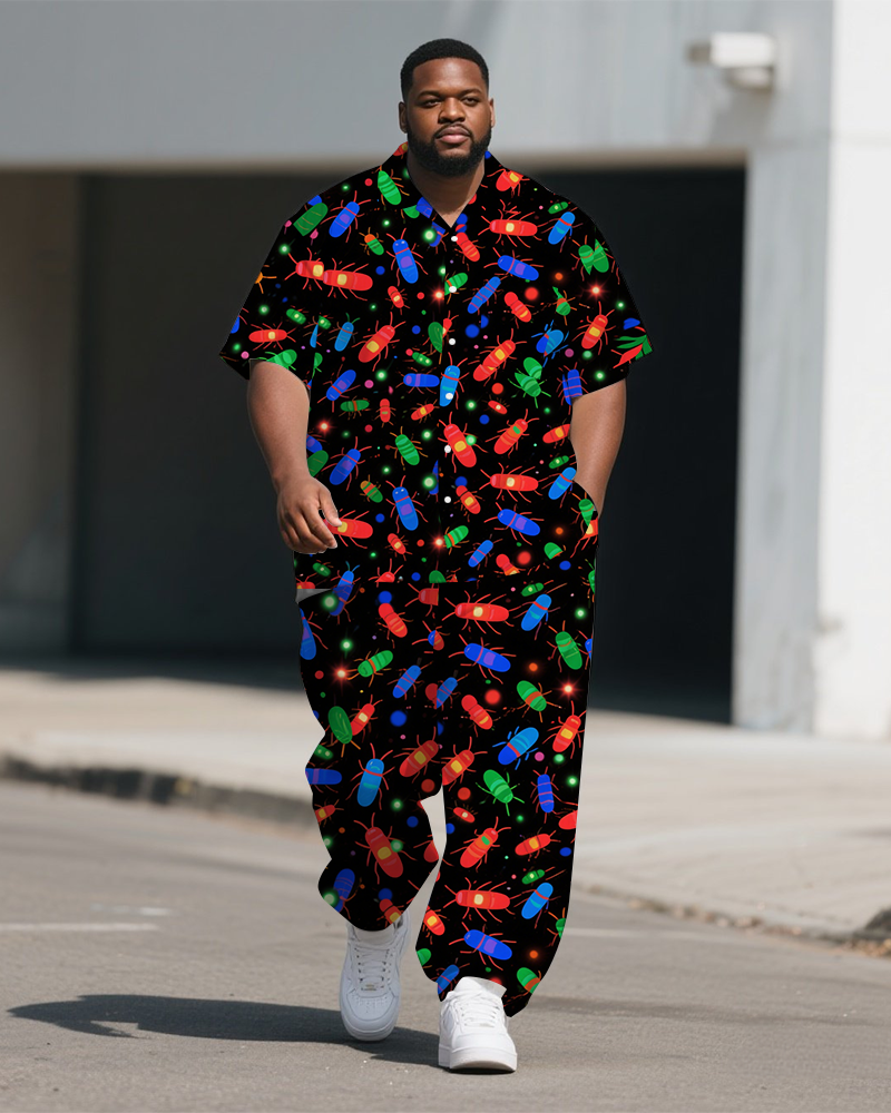 Men's Big and Tall Cartoon World Colorful Beetle Printed Casual Short-Sleeve Shirt Pants Sets