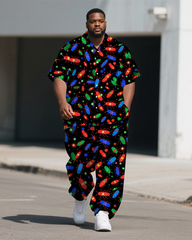 Men's Big and Tall Cartoon World Colorful Beetle Printed Casual Short-Sleeve Shirt Pants Sets
