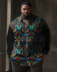Black Ethnic Style Contrasting Print Big & Tall Men's Long Sleeved Shirt