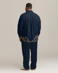 Men's Plus Size Luxury Blue Floral Print Long Sleeve Shirt Trousers Suit