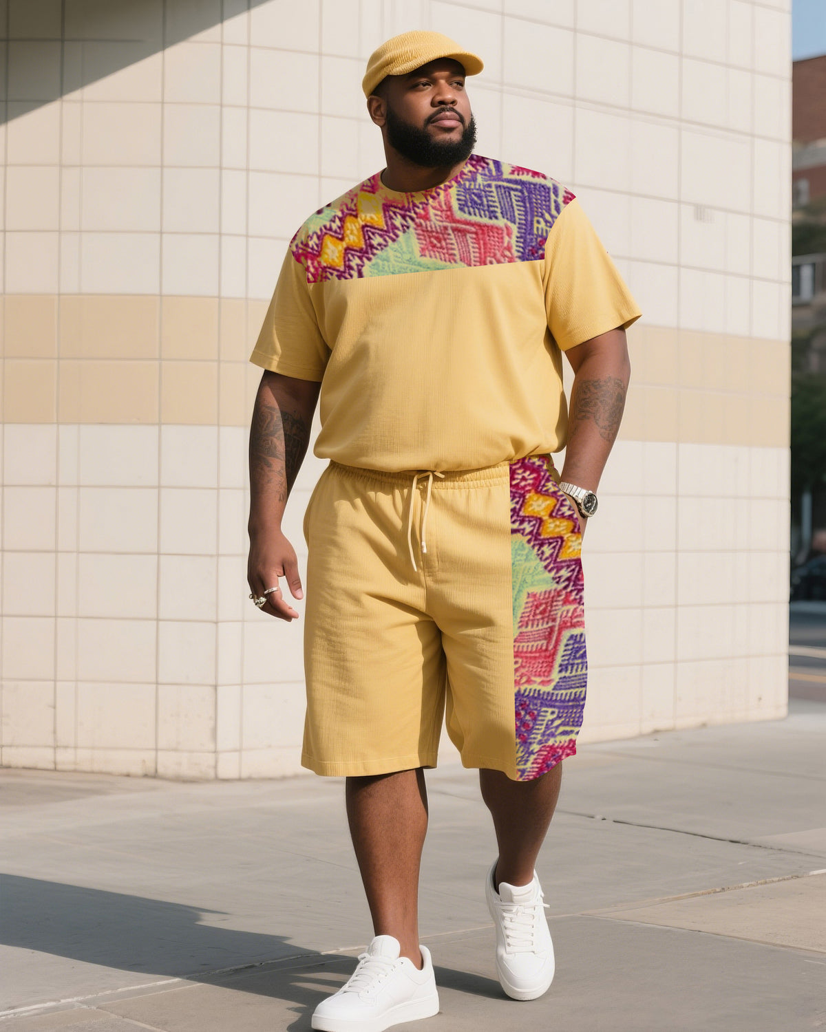 Men's Plus Size Creative Patchwork Printed T-Shirt Shorts Suit