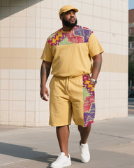 Men's Plus Size Creative Patchwork Printed T-Shirt Shorts Suit