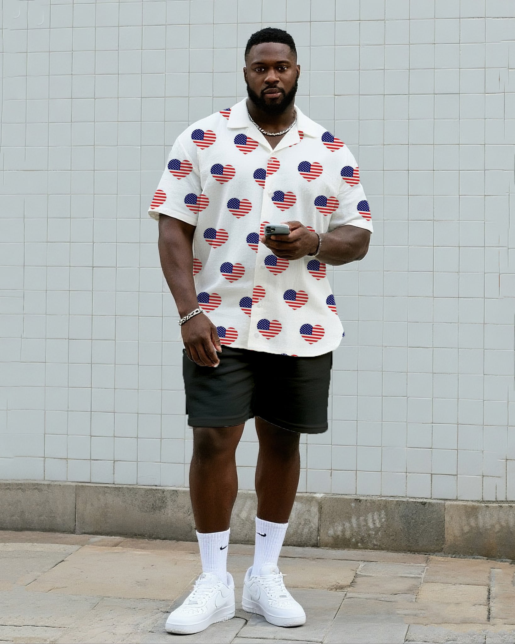 Big & Tall Men's Daily Leisure. Love Flag Print Shirt Shorts Suit