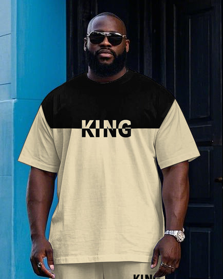 Big Men's Casual Color Block Splicing Style KING Letter Printed Short Sleeve T-shirt Pants Set