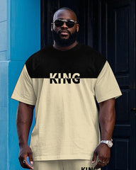 Big Men's Casual Color Block Splicing Style KING Letter Printed Short Sleeve T-shirt Pants Set
