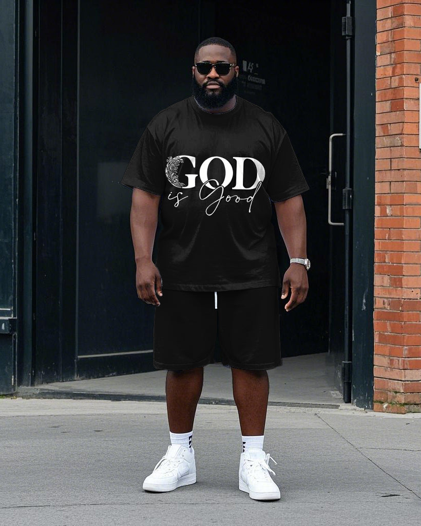 Men's Big and Tall GOD IS GOOD Letter Floral Printed Short Sleeve T-Shirt and Shorts Set