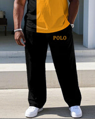 Men's Plus Size Black & Orange Chest Small Label Printed Short Sleeve T-shirt Trousers Suit