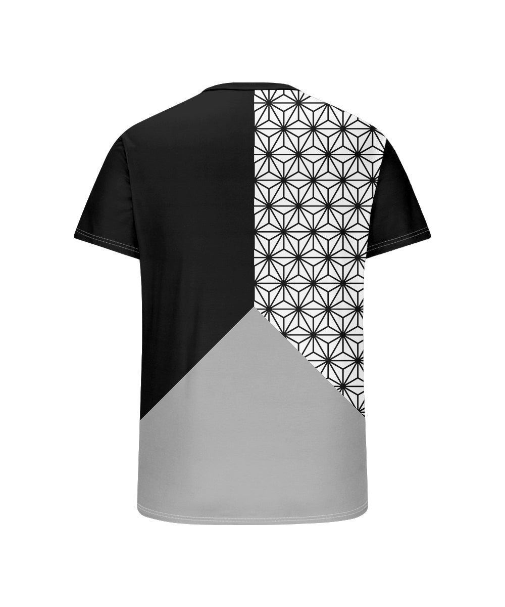 Big & Tall Men's Black Tricolor Geometric Printed Henry Collar Button Short Sleeve T-shirt