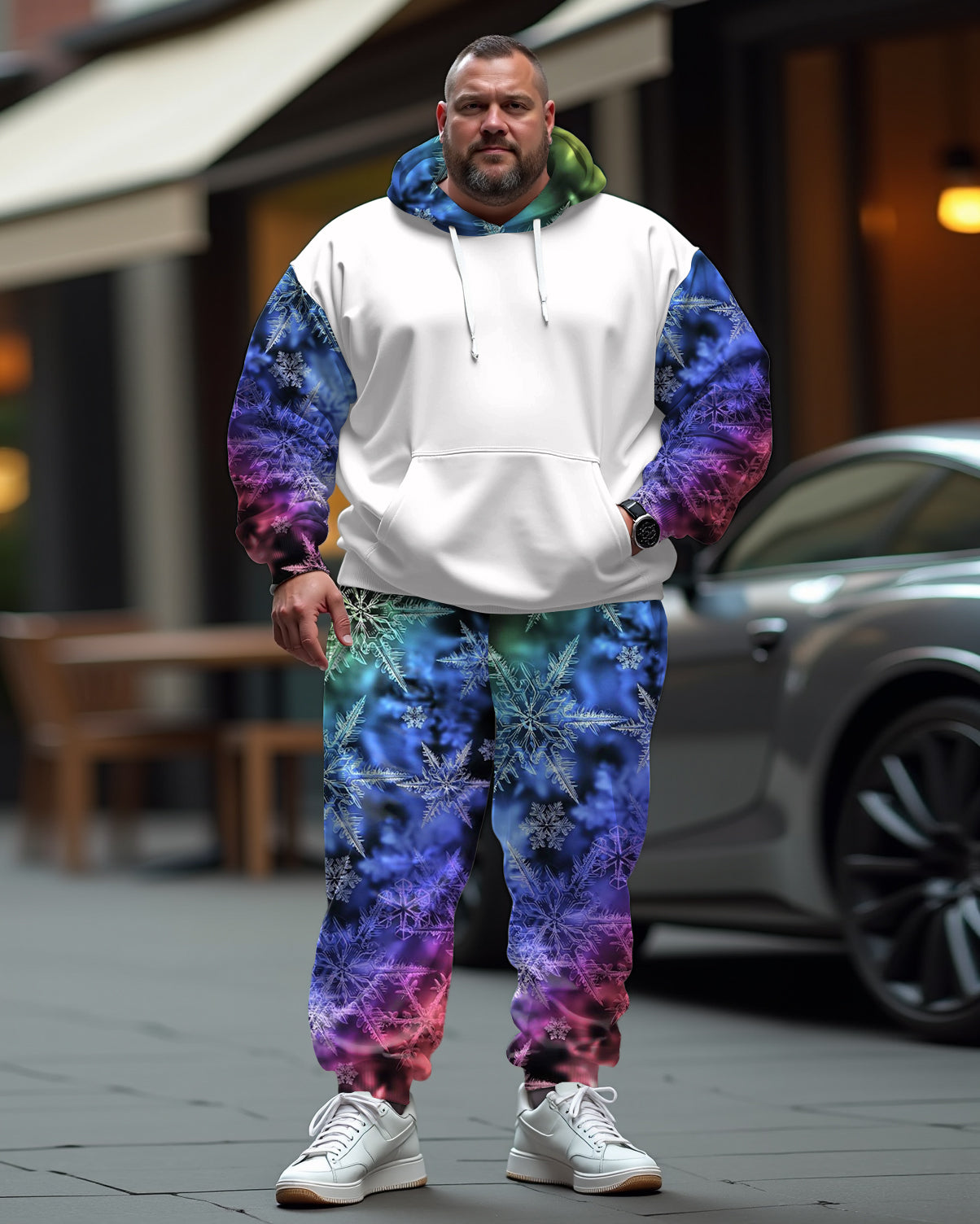 Couple Matching Aurora Snowflake Plus Size Hoodie Sweatpants Set