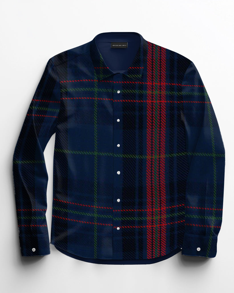 Men's Big and Tall Casual Blue Plaid Lapel Long Sleeve Shirt