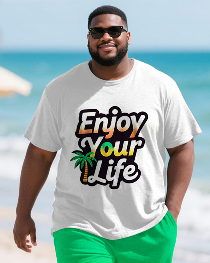 Men's Plus Size Hawaiian Coconut Tree Letter Print Round Neck Short Sleeve T-Shirt Shorts Suit