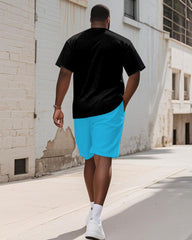 Men's Plus Size Black And Blue Line Cartoon Print Short Sleeve T-shirt Shorts Suit