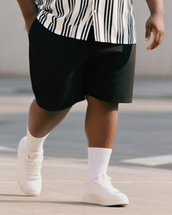 Big & Tall Men's Street Fashion Daily Casual Black And White Striped Shirt Shorts Suit