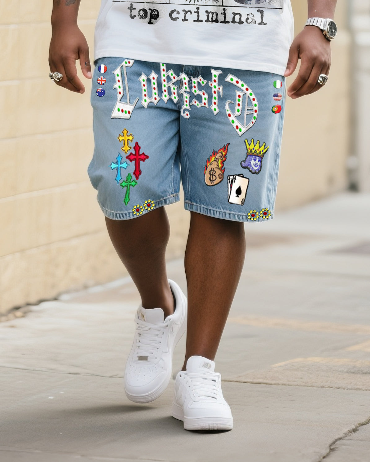 Big & Tall Men's Fashion Street Personality Original Short Sleeve T-shirt Shorts Denim Suit
