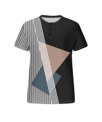 Men's Plus Size Daily Casual Black Stripe Print Henry Collar Button Short Sleeve T-Shirt