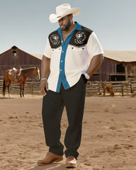 Big & Tall Men's Western Style Color Matching Casual Salamander Skull Print-short Sleeve Shirt Pants Suit