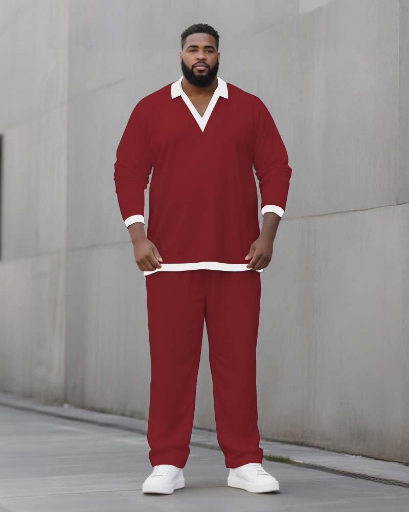 Big & Tall Men's Solid Color POLO V-Neck Long Sleeve Pants Two-Piece Set