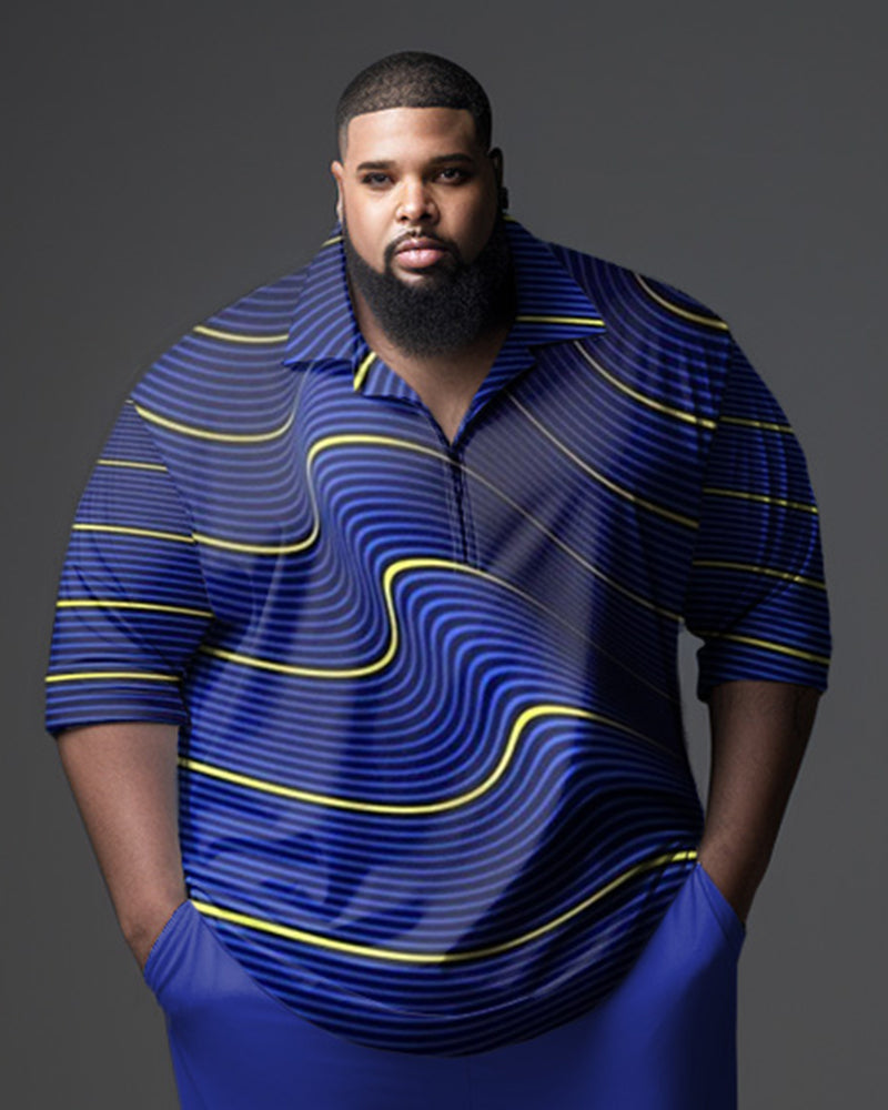 Men's Blue Men's Ombre Art Plus Size Gentleman Business Polo Zipper Shirt and Pants Two-piece Set