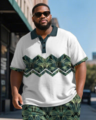 Big & Tall Men's Business Green Colorblock Geometric Print Short Sleeve Polo Shirt Shorts Suit