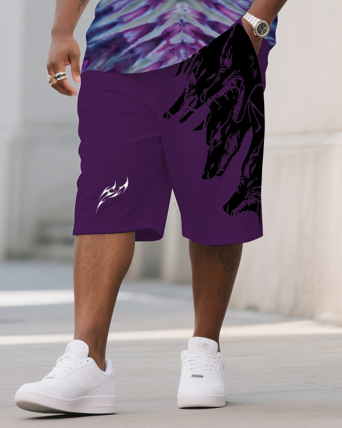 Men's Plus Size Tie Dye Black Ice Diamond Crewneck T-shirt Shorts Suit