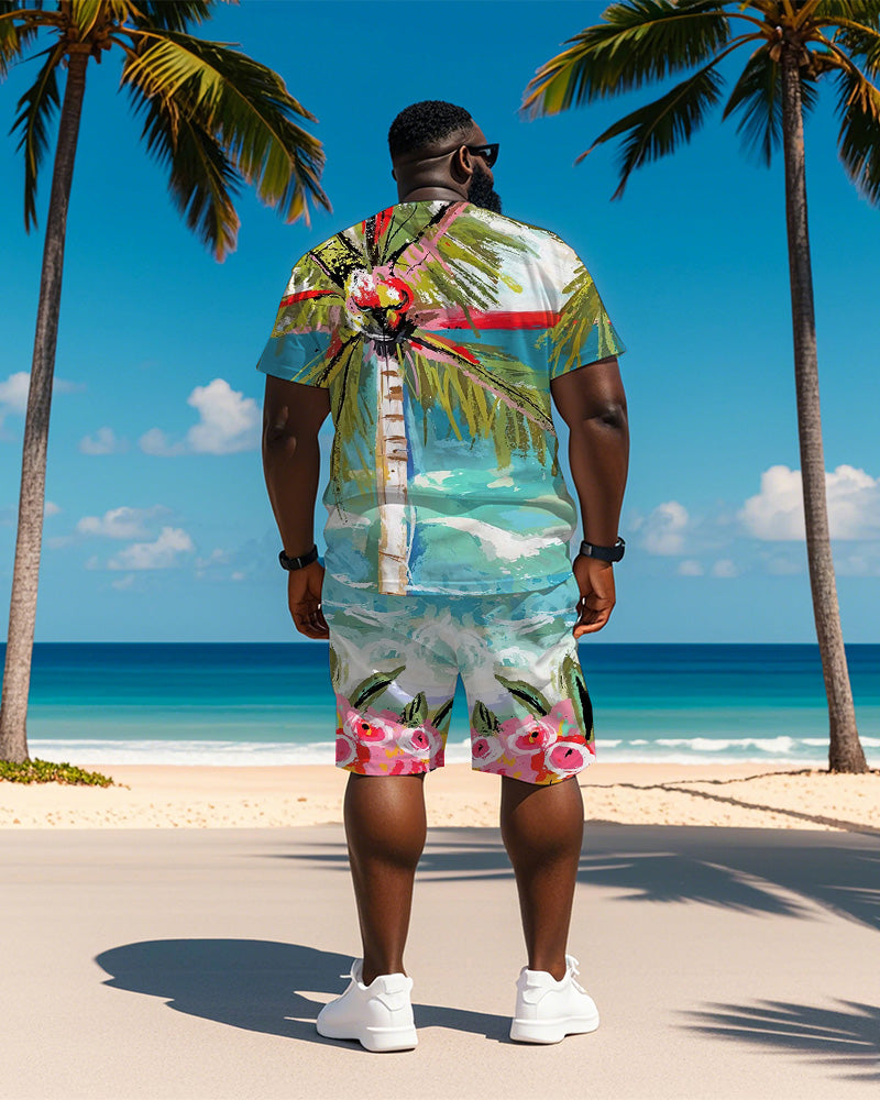 Big & Tall Men's Hawaiian Coconut Flower Graffiti Print Round Neck Short Sleeve T-Shirt Shorts Suit