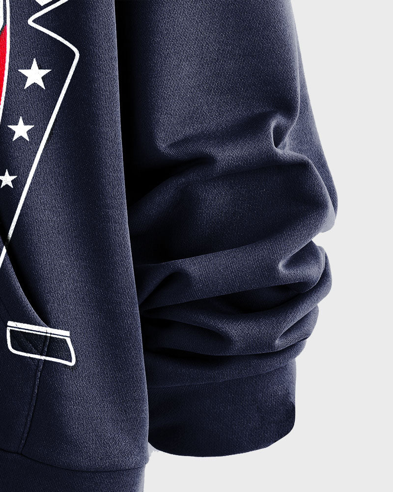 Men's Plus Size Navy Blue American Flag Design Suit Pattern Print Hoodie Set