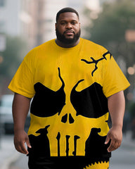Men's Plus Size Black And Yellow Skull Print Short-sleeved T-shirt Shorts Suit