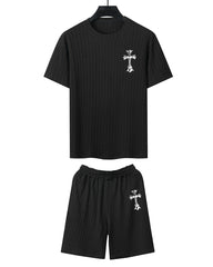 Big & Tall Men's Wine Red Simple Letter Twist Knit Crew Neck Short Sleeve T-shirt Shorts Suit