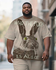 Men's Plus Size Khaki Fun Bunny Print Short Sleeve T-Shirt Shorts Suit
