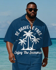 Men's Plus Size Hawaiian Blue Coconut Alphabet Print Shirt Shorts Suit