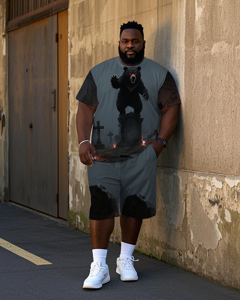 Big Men's Bear In Cemetery Gothic Printed Short Sleeve T-Shirt Shorts 2-piece Set
