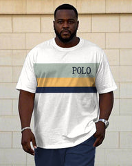 Men's Big & Tall White & Royal Blue Simple Colorblock Alphabet Print Short-sleeved T-shirt Trousers Set