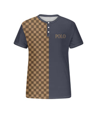 Men's Plus Size Daily Casual Blue Stitching Brown Plaid Letter Print Henry Collar Button Short Sleeve T-Shirt