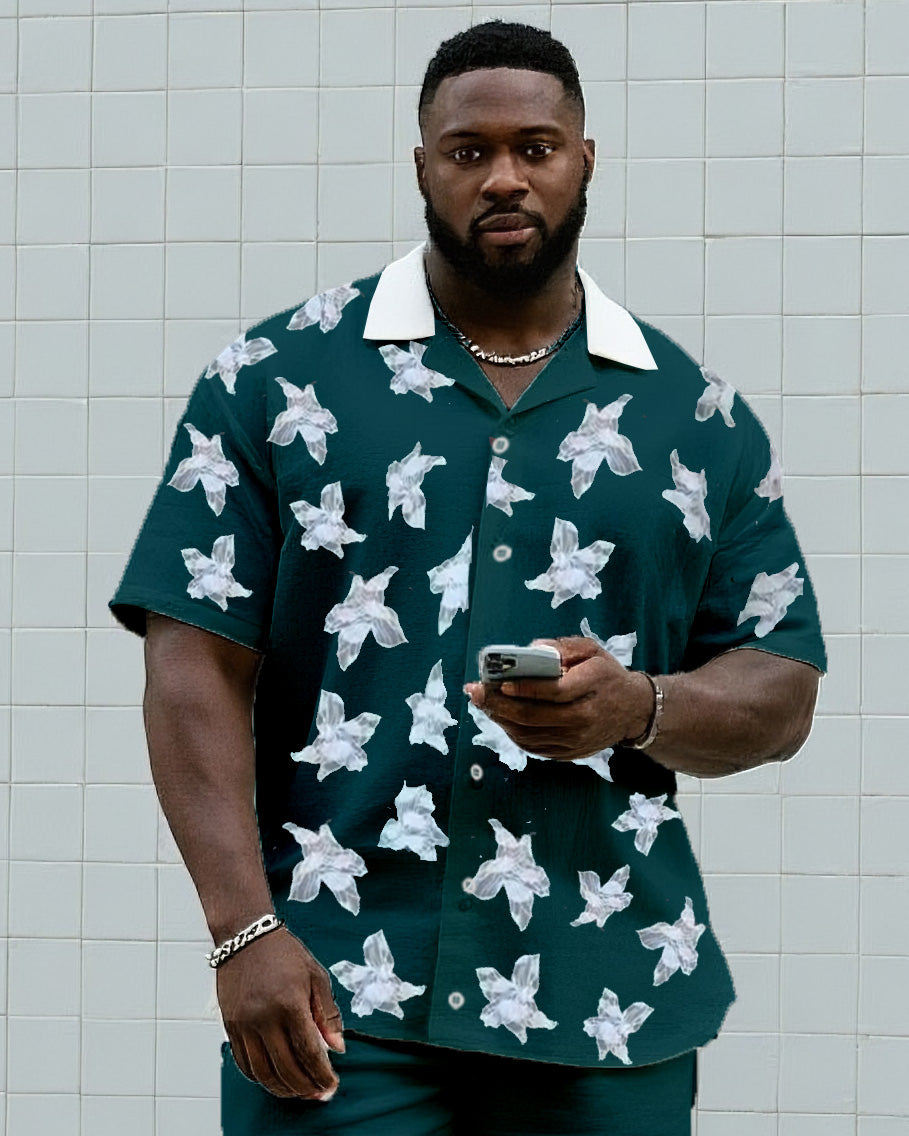 Big & Tall Men's Daily Leisure. Irregular Pentagram Floral Print Shirt Shorts Suit