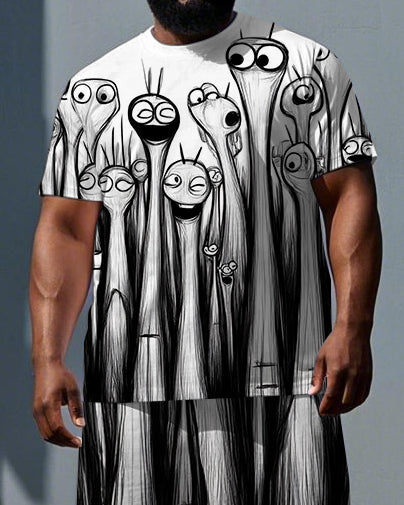 Big & Tall Men's Street Fashion Monsters Sketch Print Short-Sleeve T-shirt 2-Piece Set