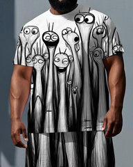 Big & Tall Men's Street Fashion Monsters Sketch Print Short-Sleeve T-shirt 2-Piece Set