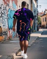 Men's Plus Size Irregular Graffiti Respect Letter Print Short Sleeve T-Shirt Shorts Suit