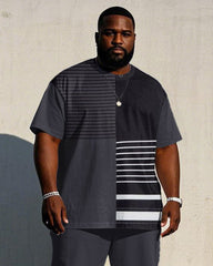 Men's Plus Size Black Gray Striped Stitching Printed Short Sleeve T-shirt Trousers Suit